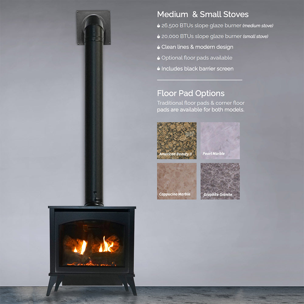 Black steel stove with vertical flue and burning log set behind glass