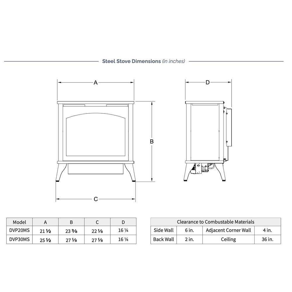 Steel stove dimensions diagram with front and side measurements in inches
