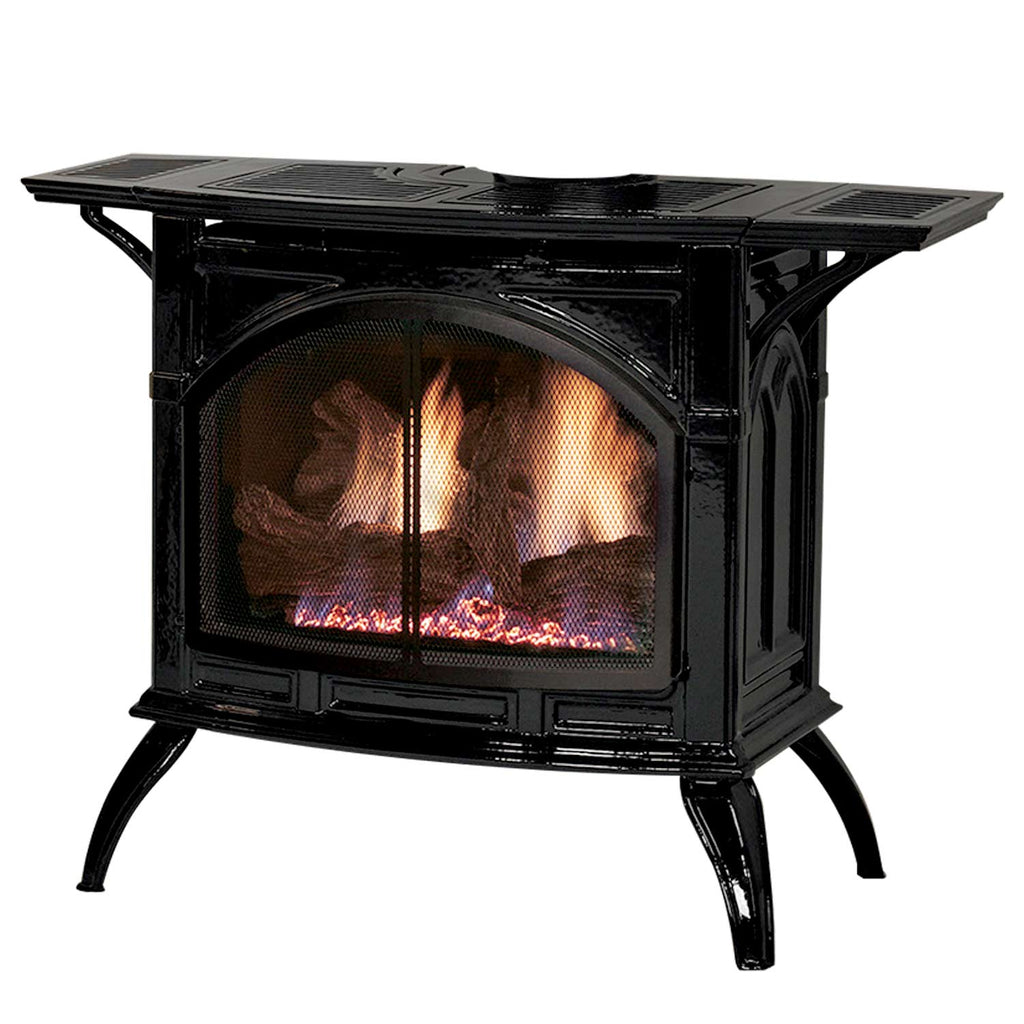 Black cast iron direct-vent stove with arched glass door and burning fire logs