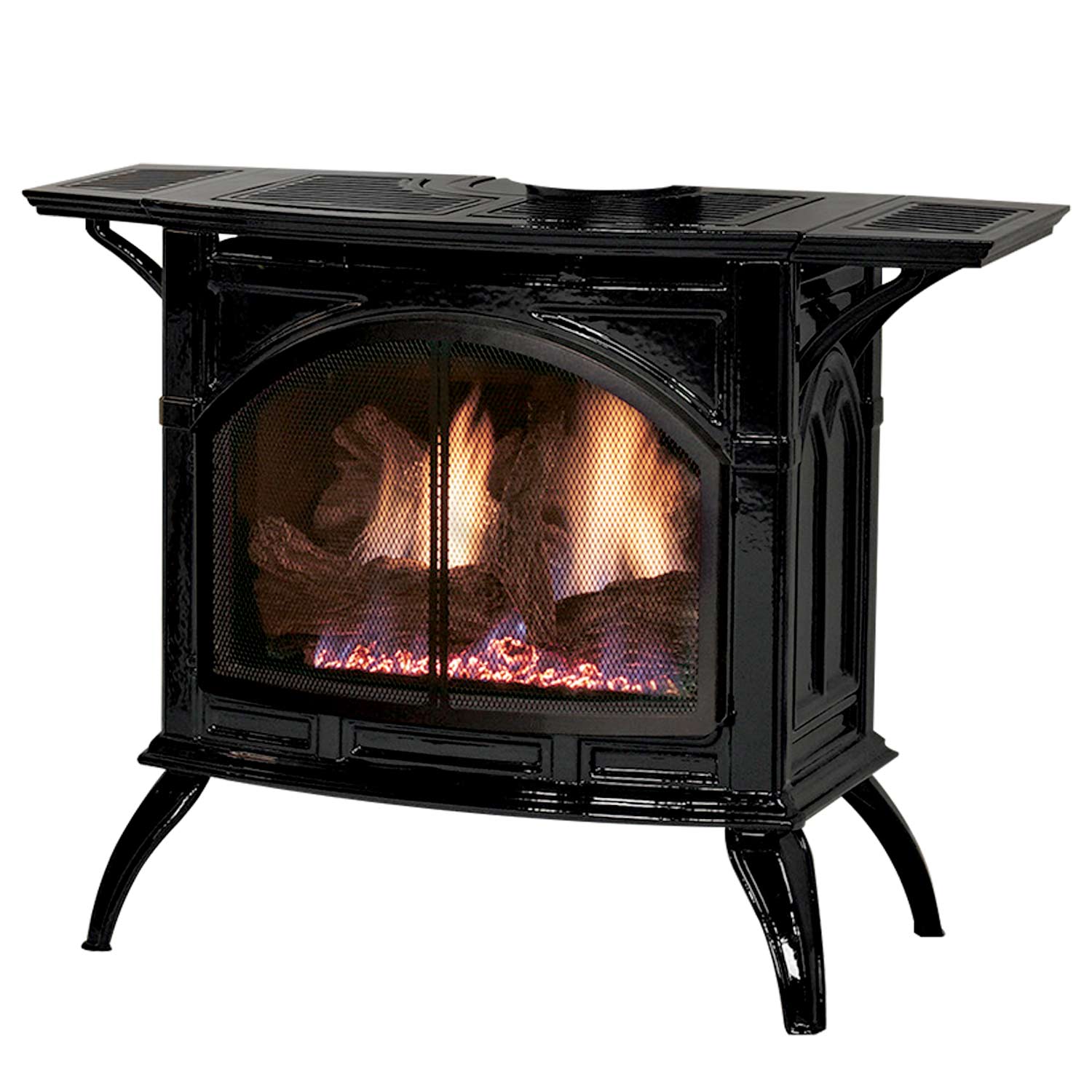 Black cast iron direct-vent stove with arched glass door and burning fire logs