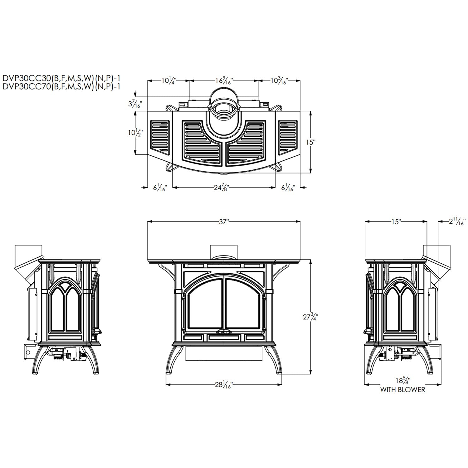 Technical line drawing of a black direct-vent cast iron stove with flue and blower