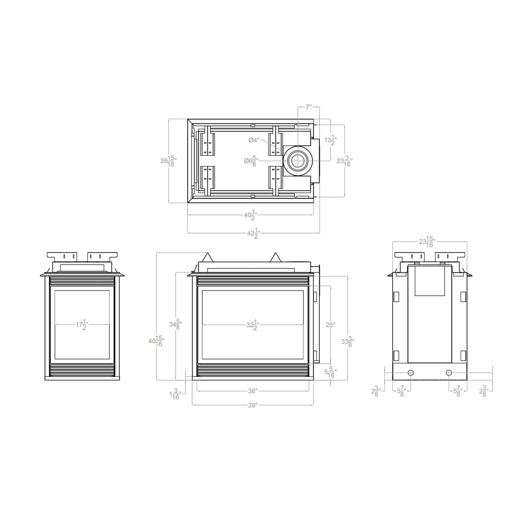 Technical line drawing of a direct vent gas fireplace with measurements