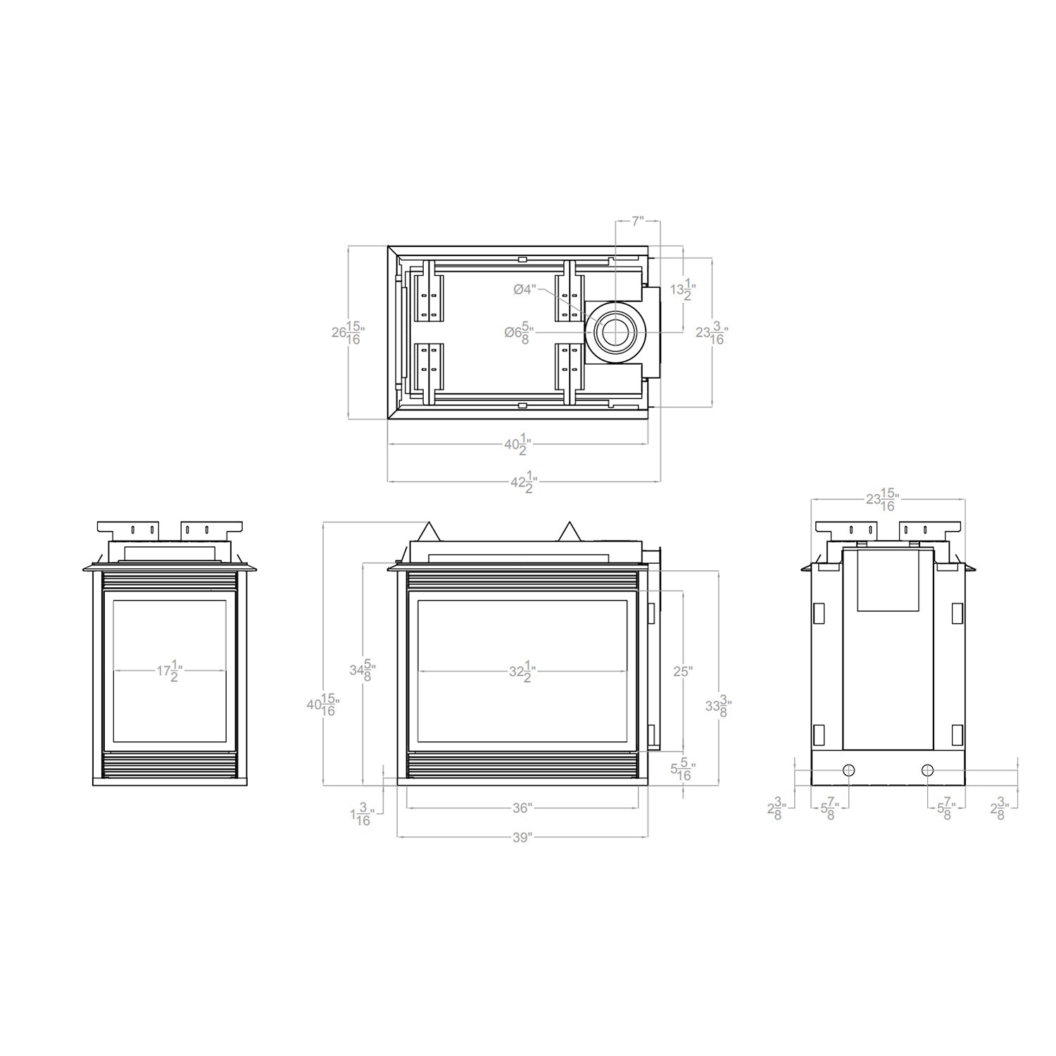Technical line drawing of a direct vent gas fireplace with measurements