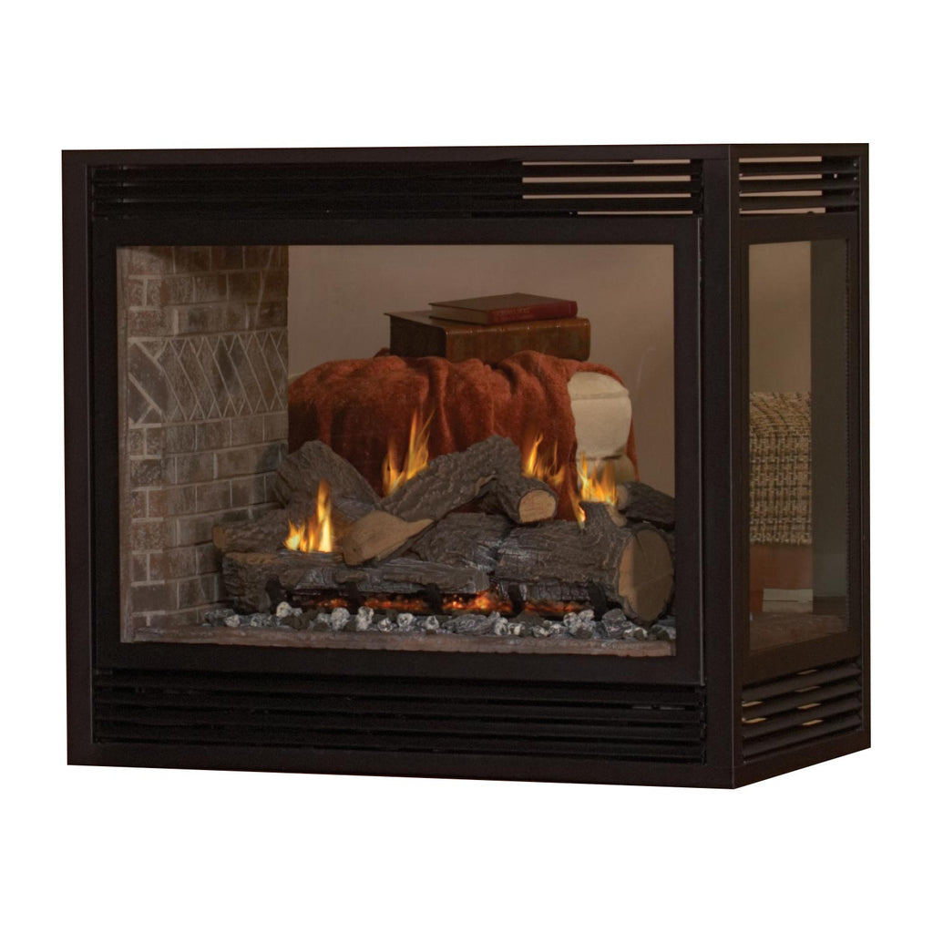 Black direct vent gas fireplace with arched louver doors and glass front