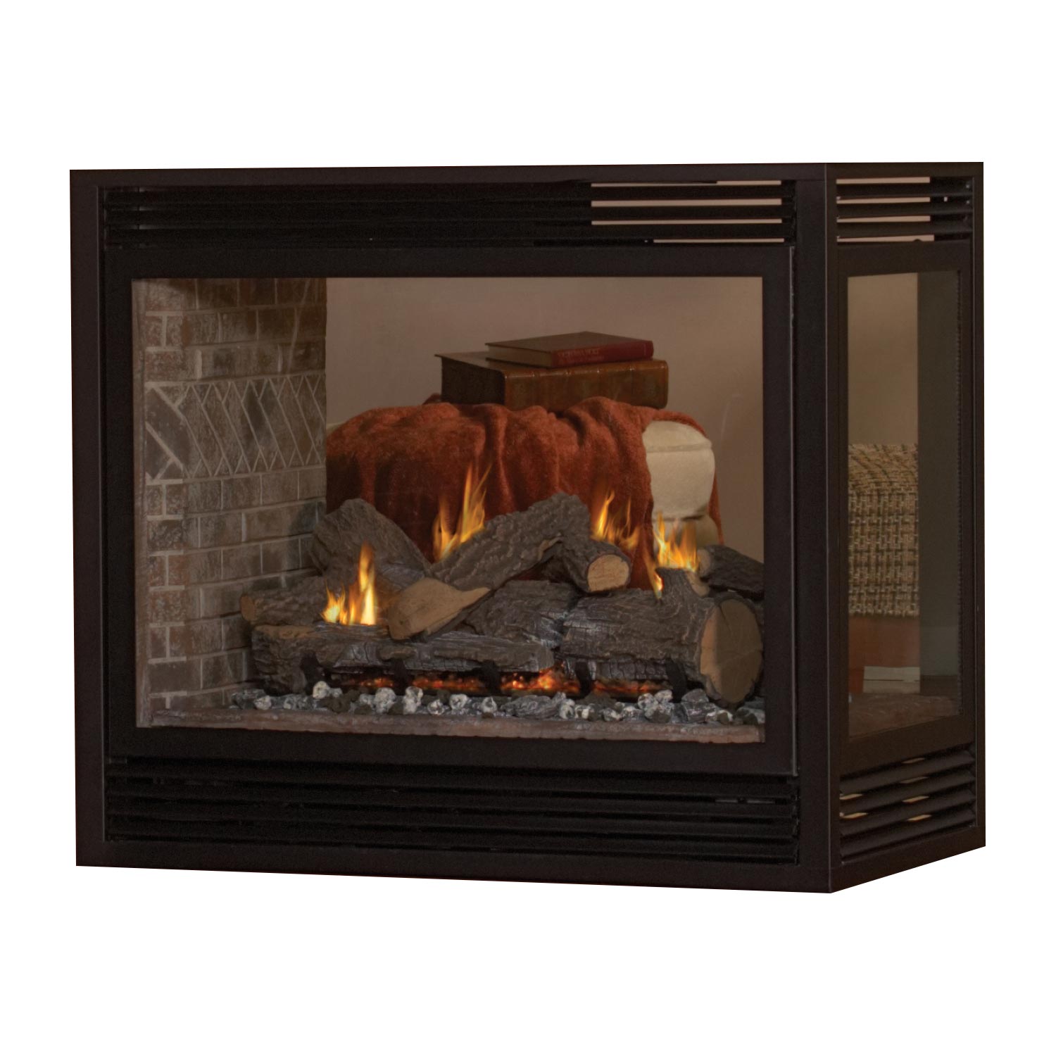 Black direct vent gas fireplace with arched louver doors and glass front