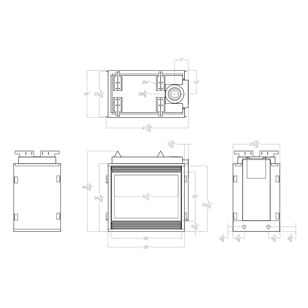 Gas fireplace installation diagram with front, side, and top views