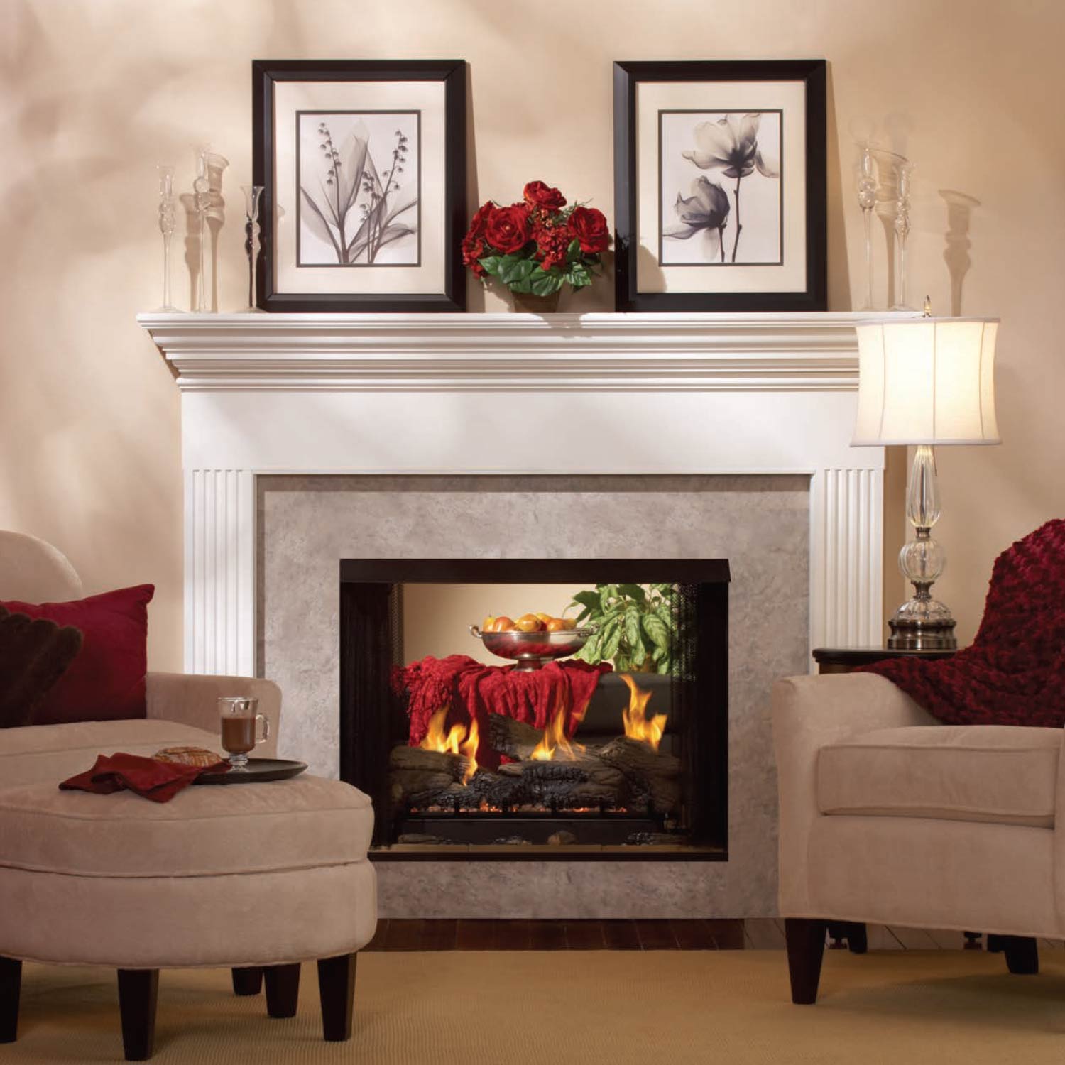 White mantel gas fireplace with burning logs, framed by a dark firebox opening
