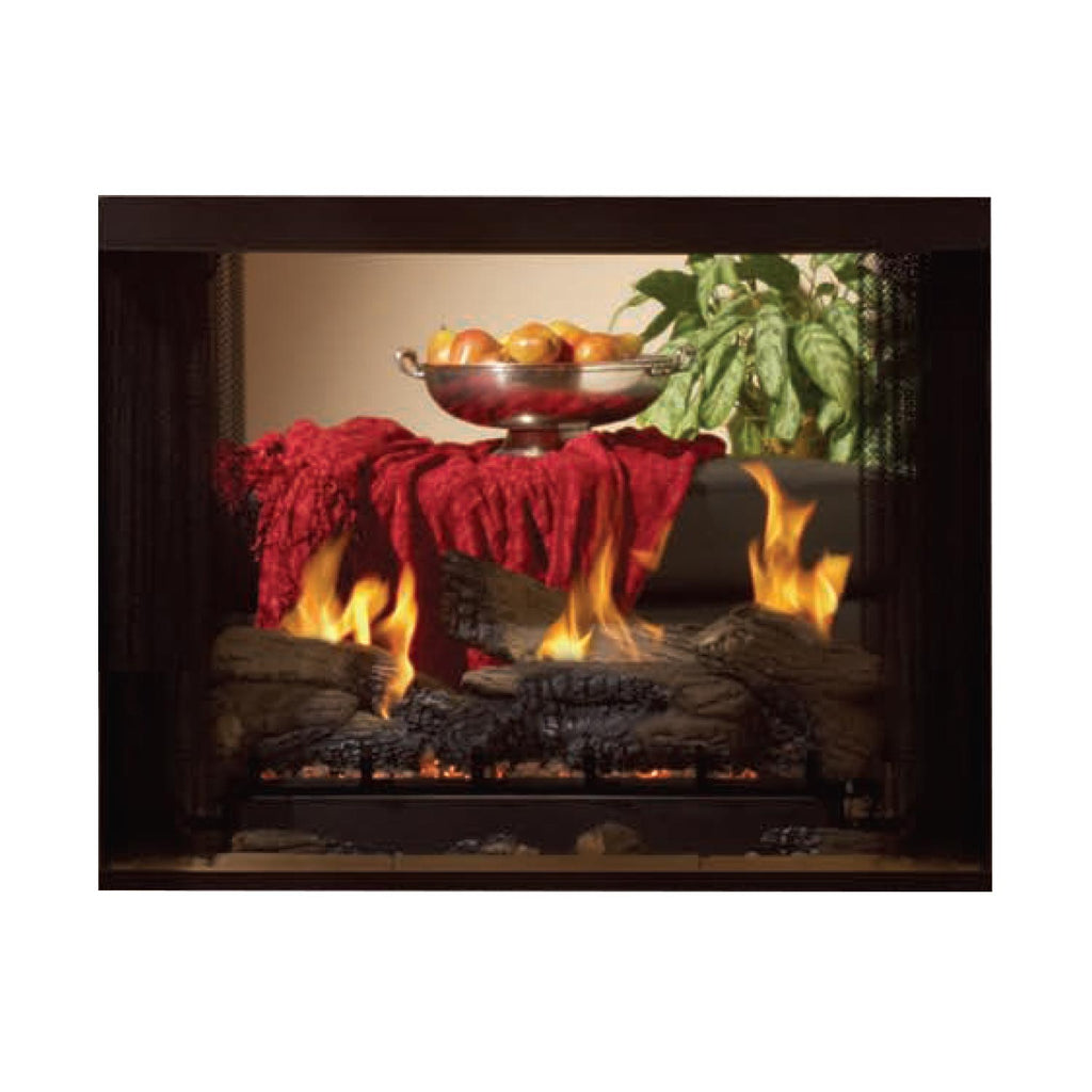 Double-sided gas fireplace with glowing logs and red fabric runner across the firebox