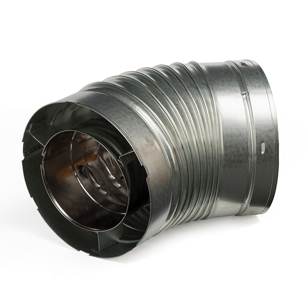 Galvanized 45-degree elbow pipe with ribbed metal body and two duct openings