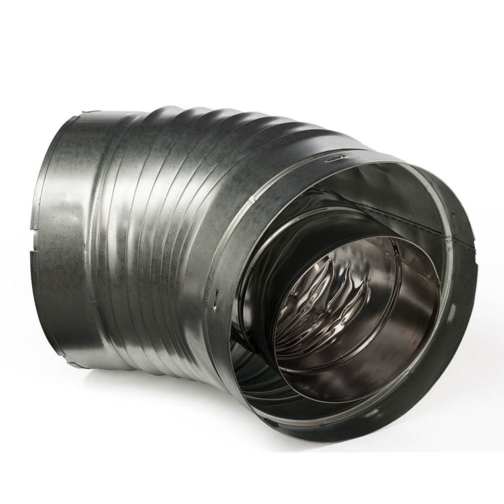 Galvanized 45-degree elbow pipe viewed from side, showing dark interior duct