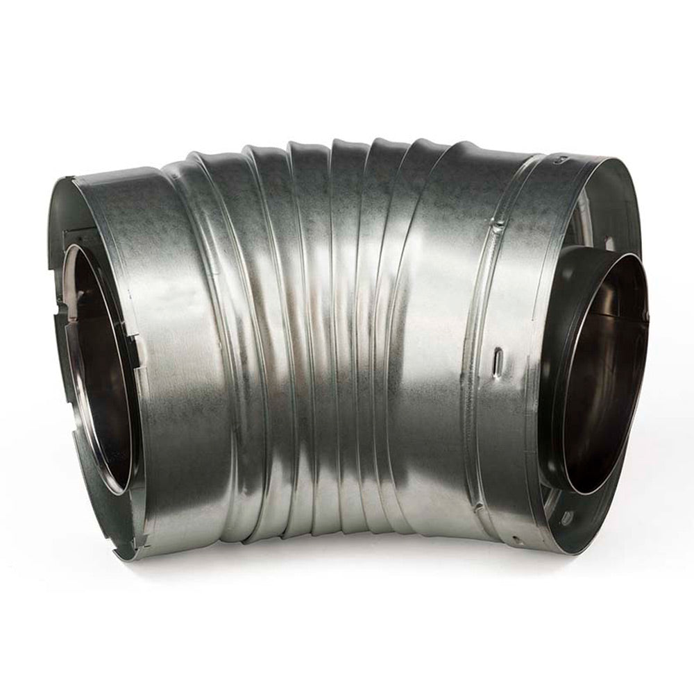Galvanized 45-degree elbow pipe with two flanged duct collars and ribbed body