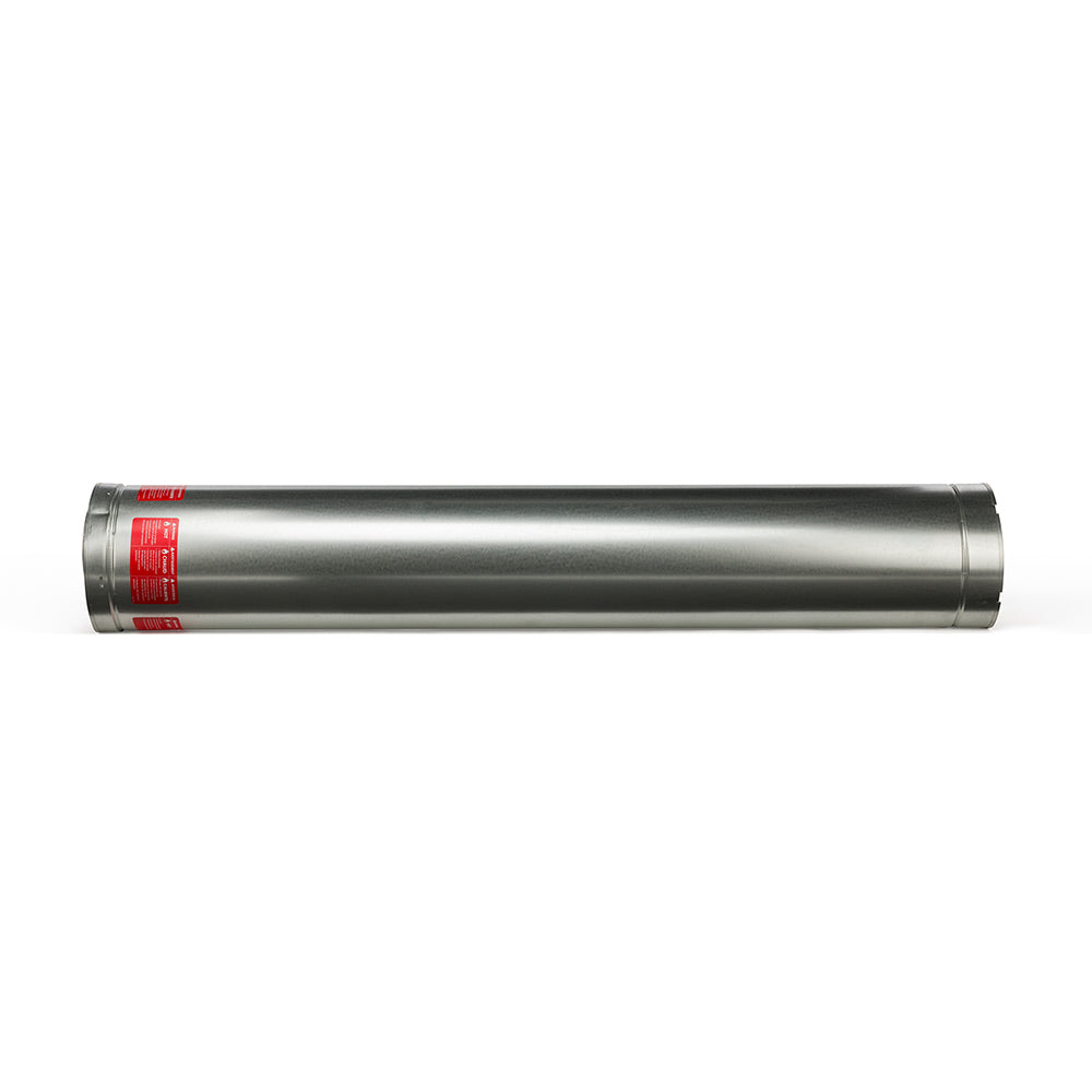 Double wall stove pipe, straight length with red warning labels on silver metal