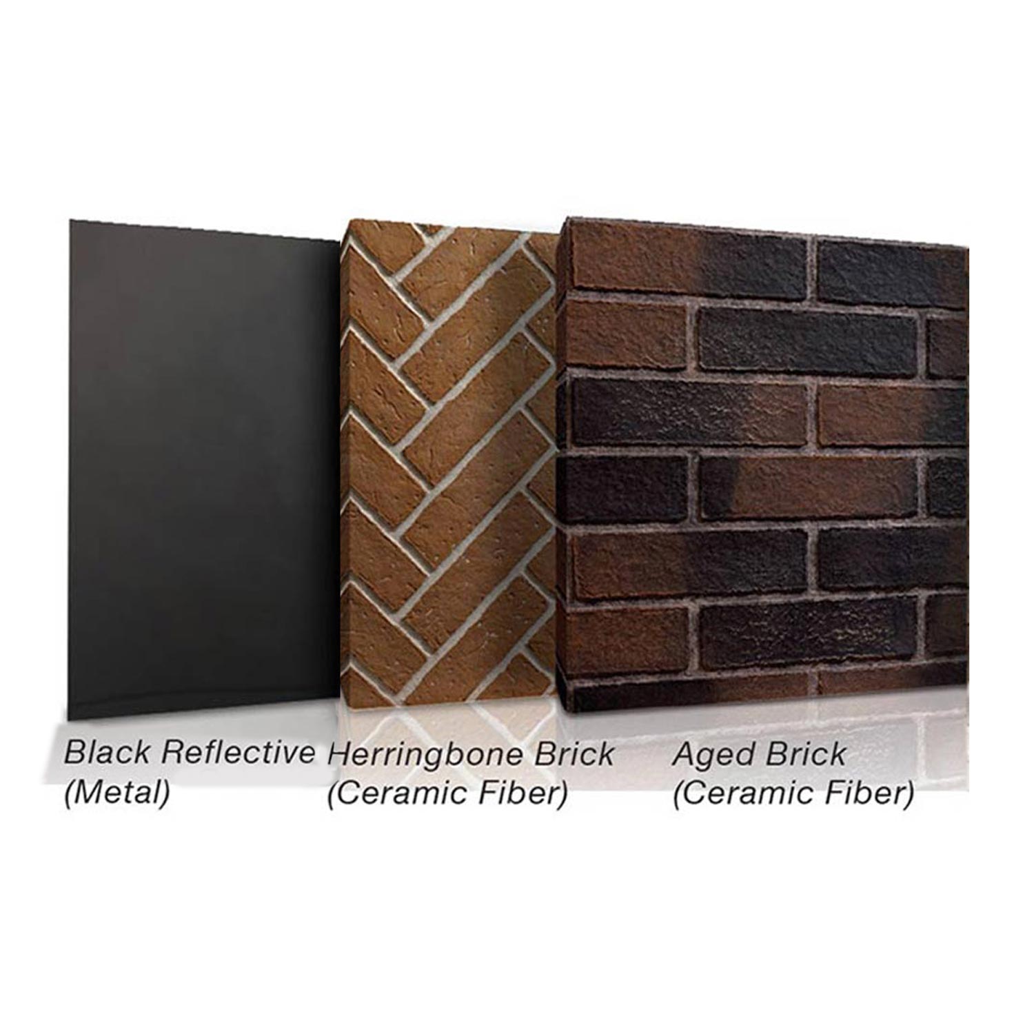 Fireplace brick finish panel samples: black reflective herringbone, aged brick, and dark brick