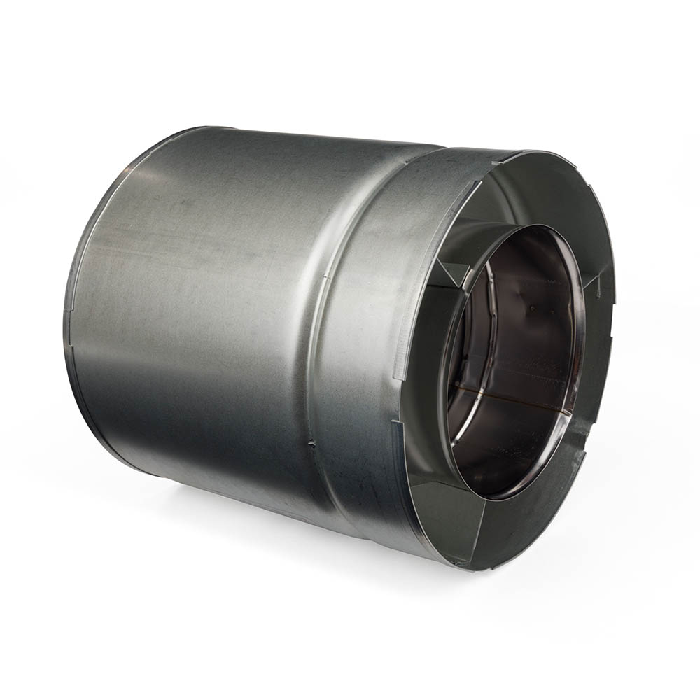 Galvanized steel slip section pipe fitting, angled view of flanged rim and inner opening.