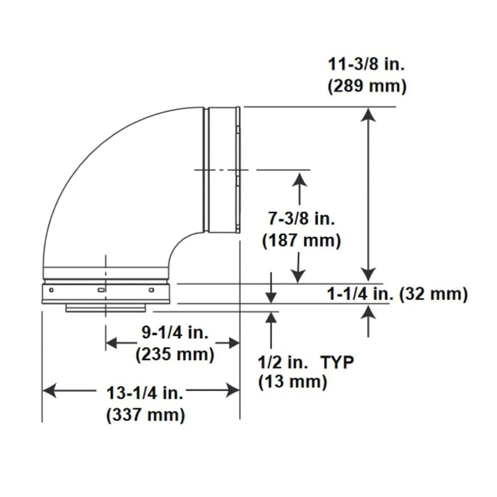 90-degree elbow pipe fitting with labeled dimensions, including 1/2 in. typ