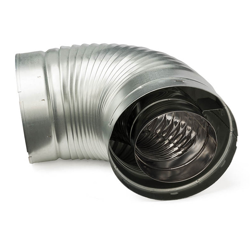 90 degree elbow pipe with ribbed silver metal duct and black intake collar