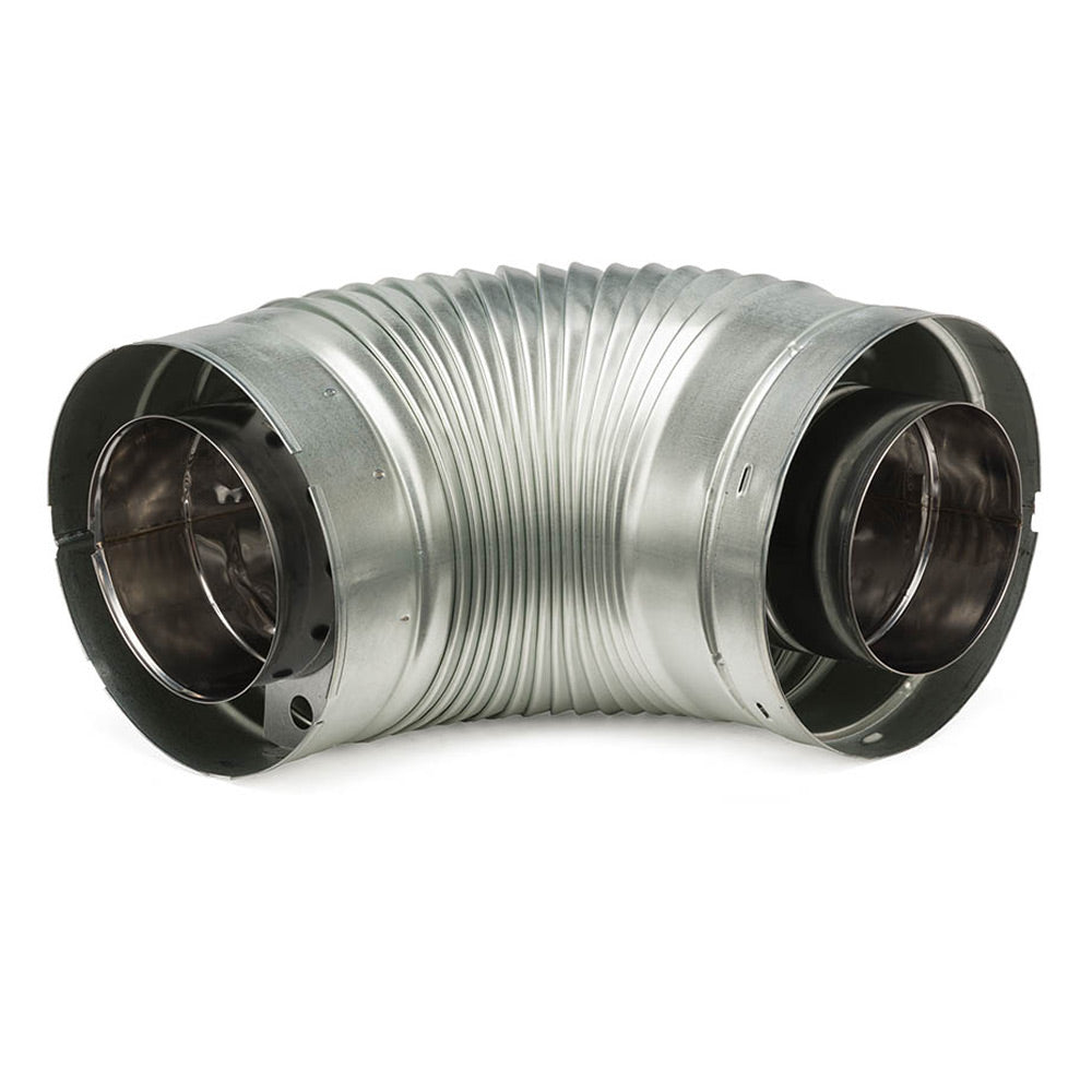 90 degree elbow pipe with ribbed silver duct and two dark flanged openings