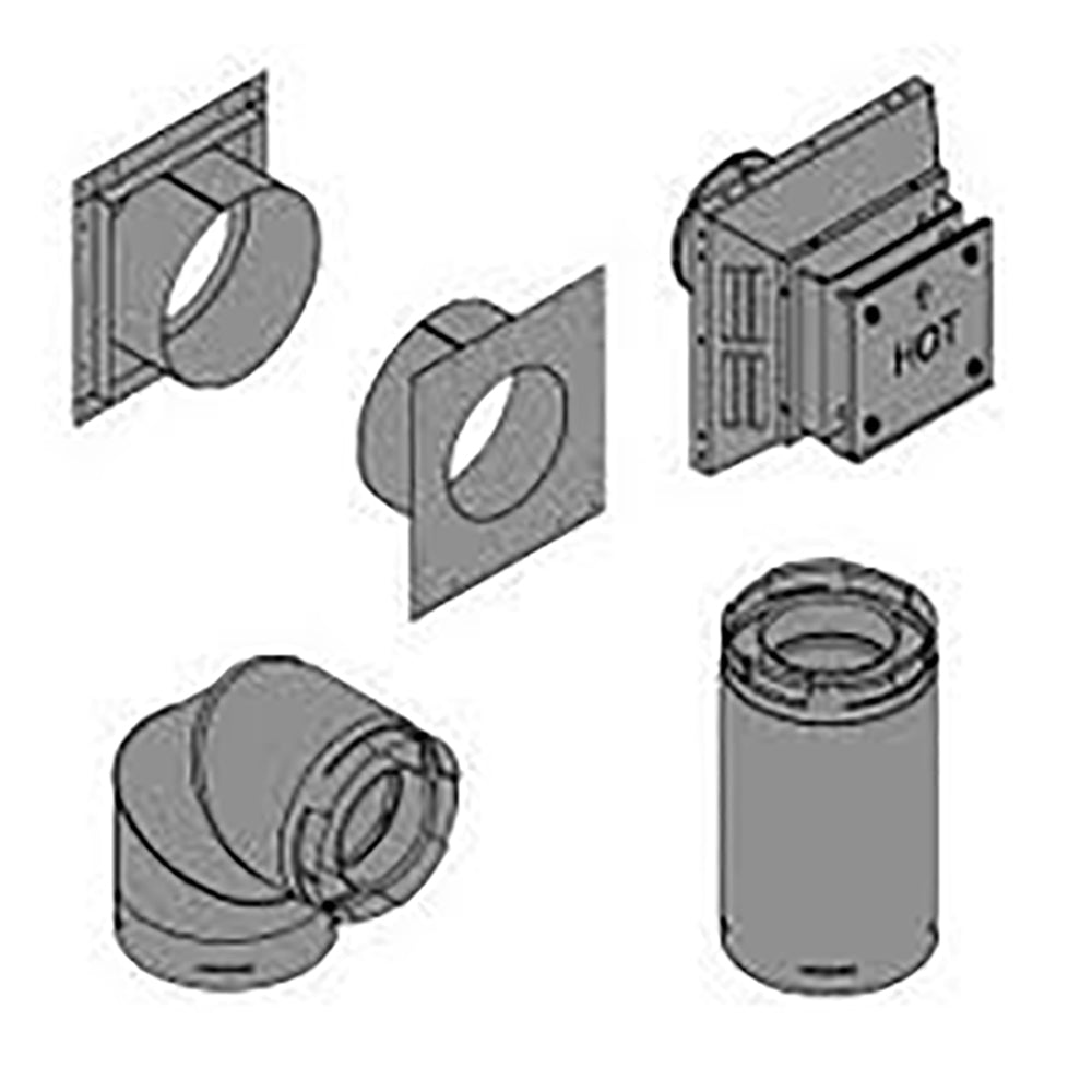 Direct vent top vent kit components, gray metal collars and vent section