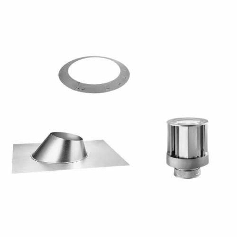 Direct vent vertical vent kit components: metal vent collar, ring and flashing, pipe section