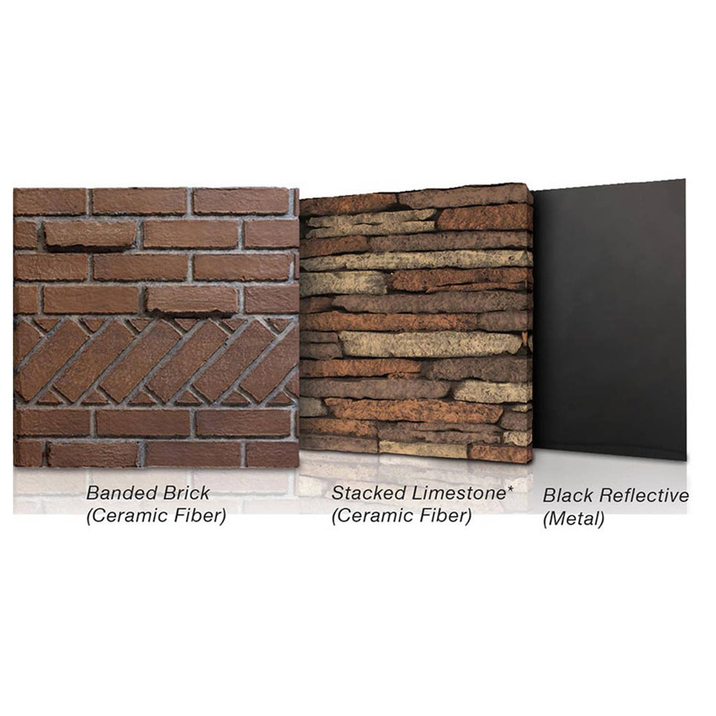 Fireplace finish samples: brick, stacked limestone, and black reflective metal