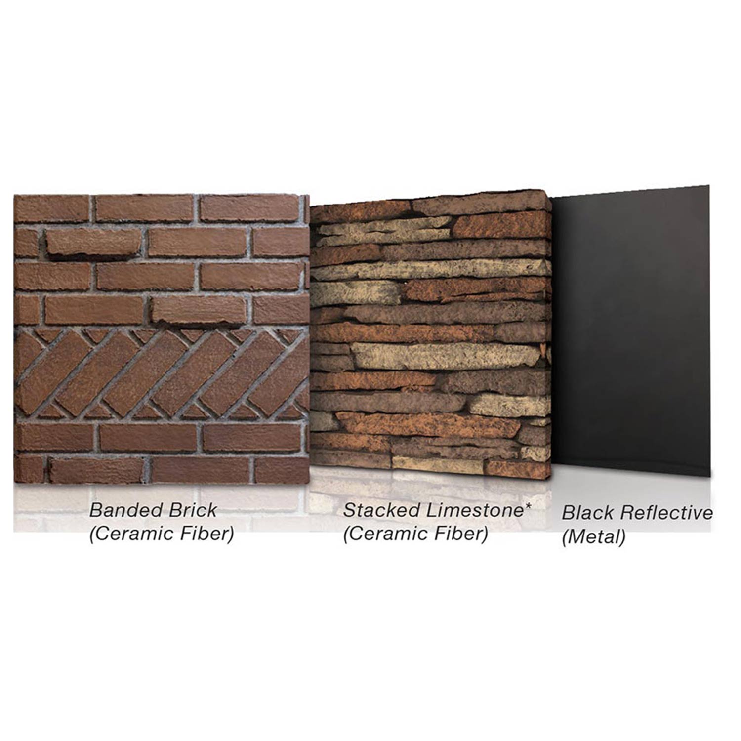 Fireplace finish samples: brick, stacked limestone, and black reflective metal