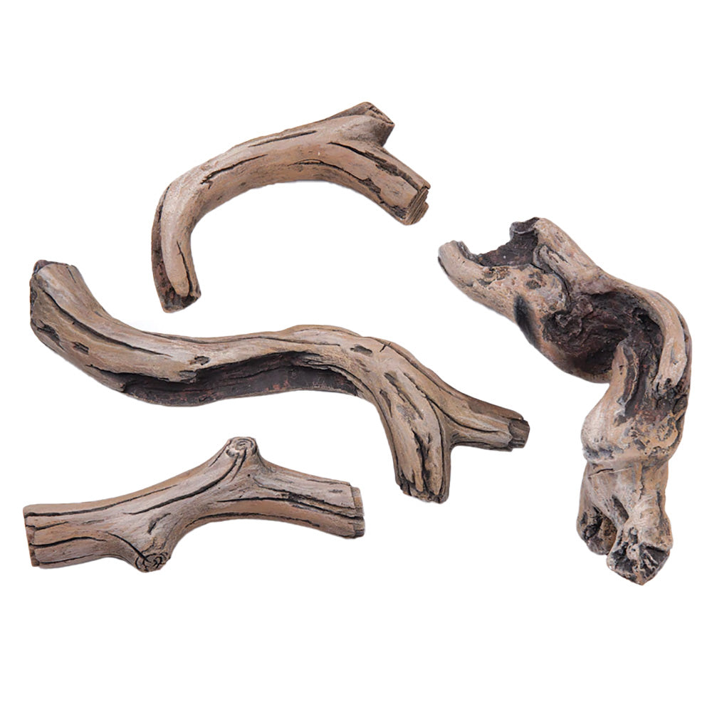 Decorative driftwood log set with four weathered brown log pieces