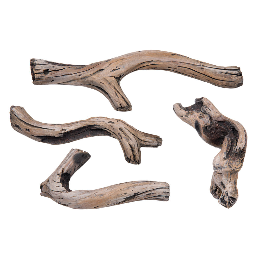 Decorative driftwood log set with curved, textured dark brown log pieces