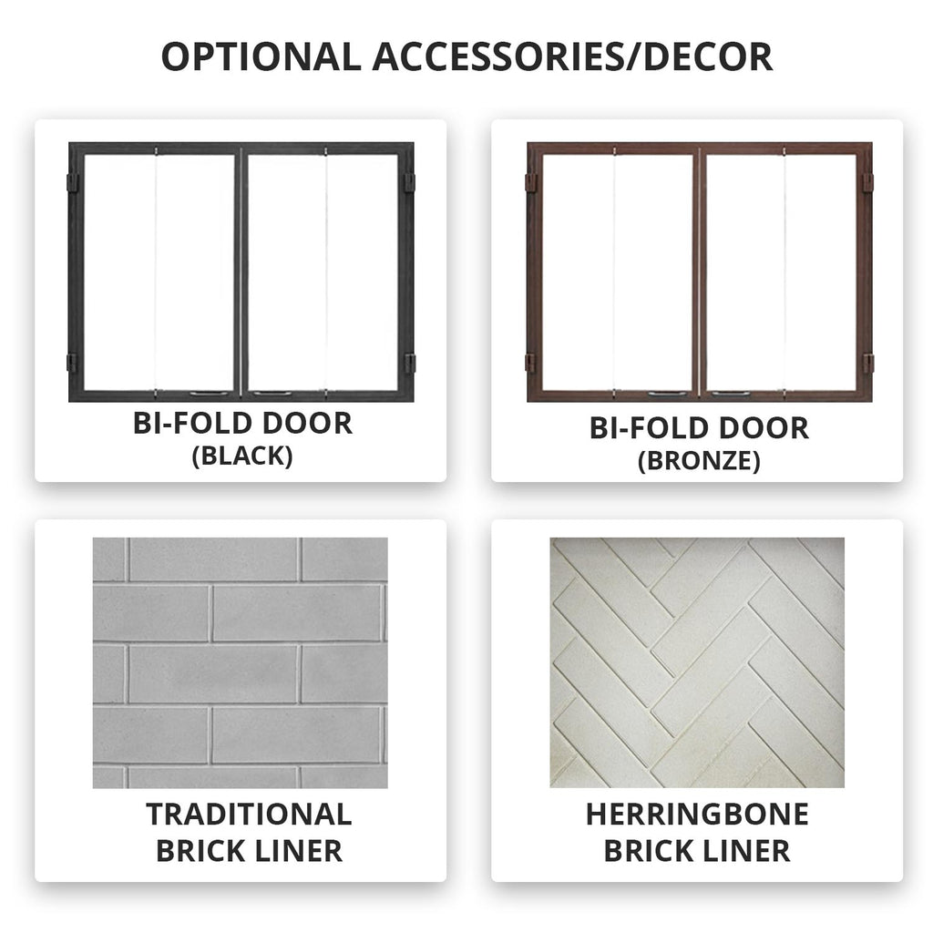 Bi-fold door frames and brick liner pattern samples for wood burning fireplace