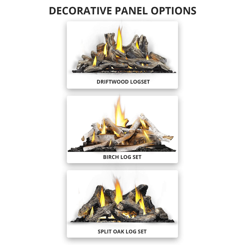 Decorative log set options labeled Driftwood Logset, Birch Log Set, and Split Oak Log Set