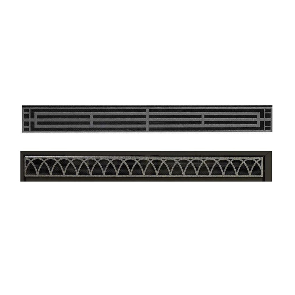 Decorative fireplace louver grille with horizontal slats and arched side design, dark