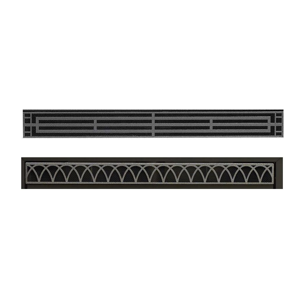 Decorative fireplace louver set, dark metal with horizontal and arched geometric grilles