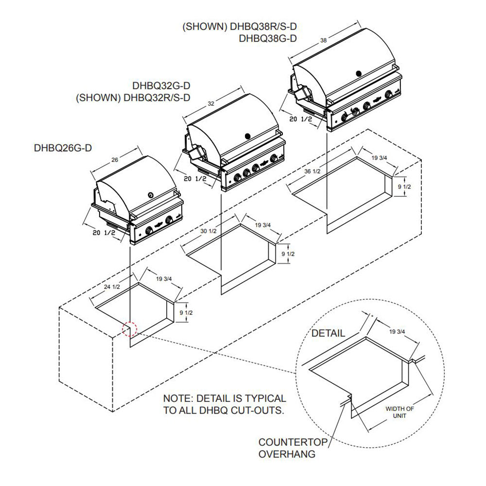 Built-in gas grill cutout and countertop overhang dimension diagram
