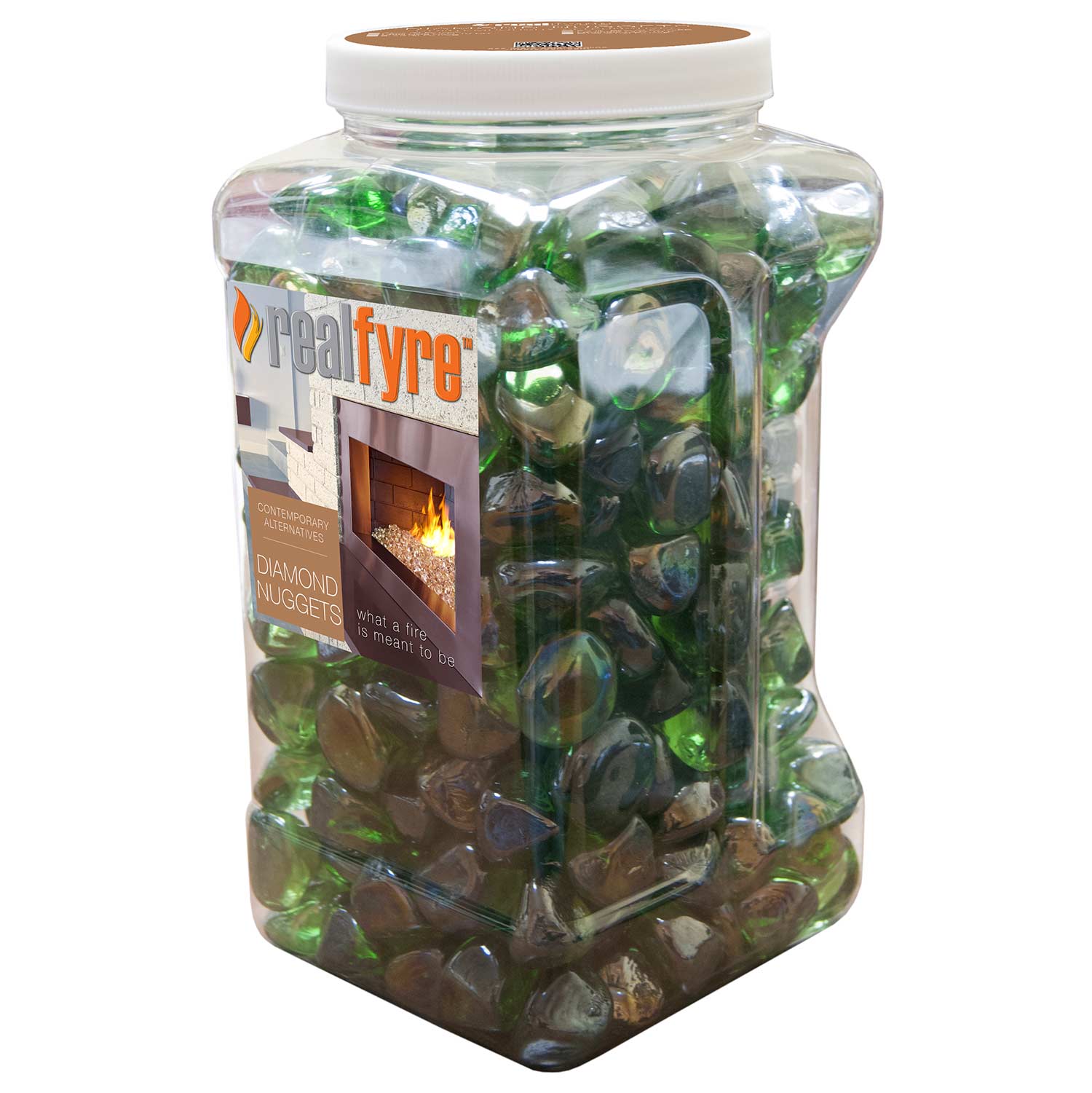 Plastic jar of green diamond nuggets for fire pit, visible label