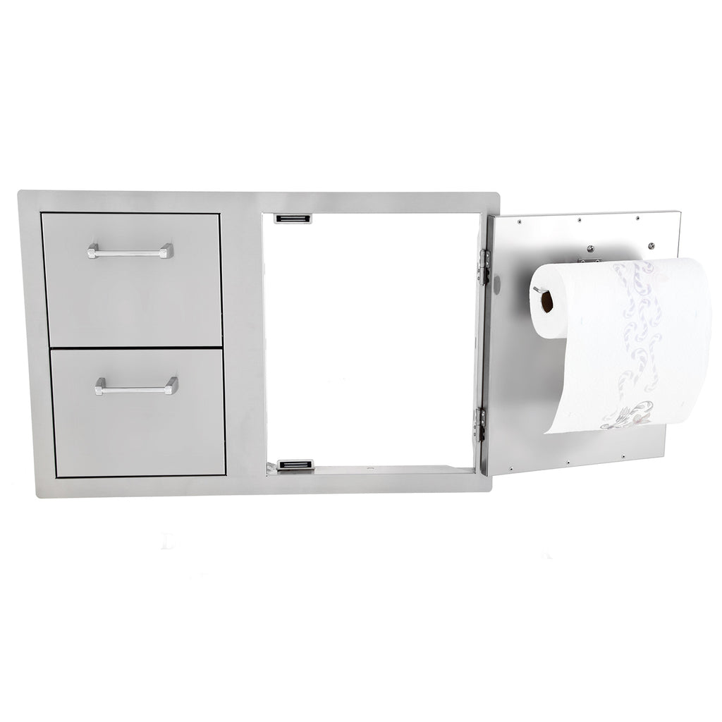 Stainless steel door and drawer combo with towel holder and open compartment