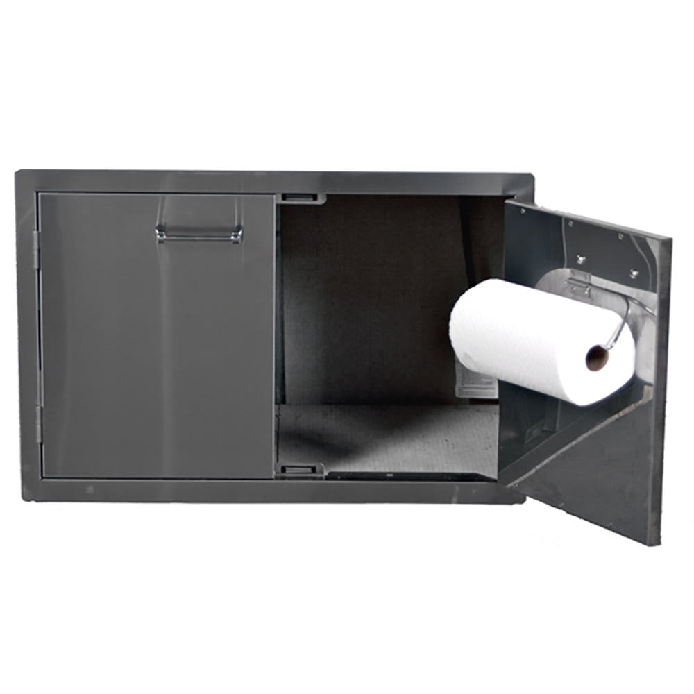 Stainless steel double-access door opened, showing towel rack and storage cavity