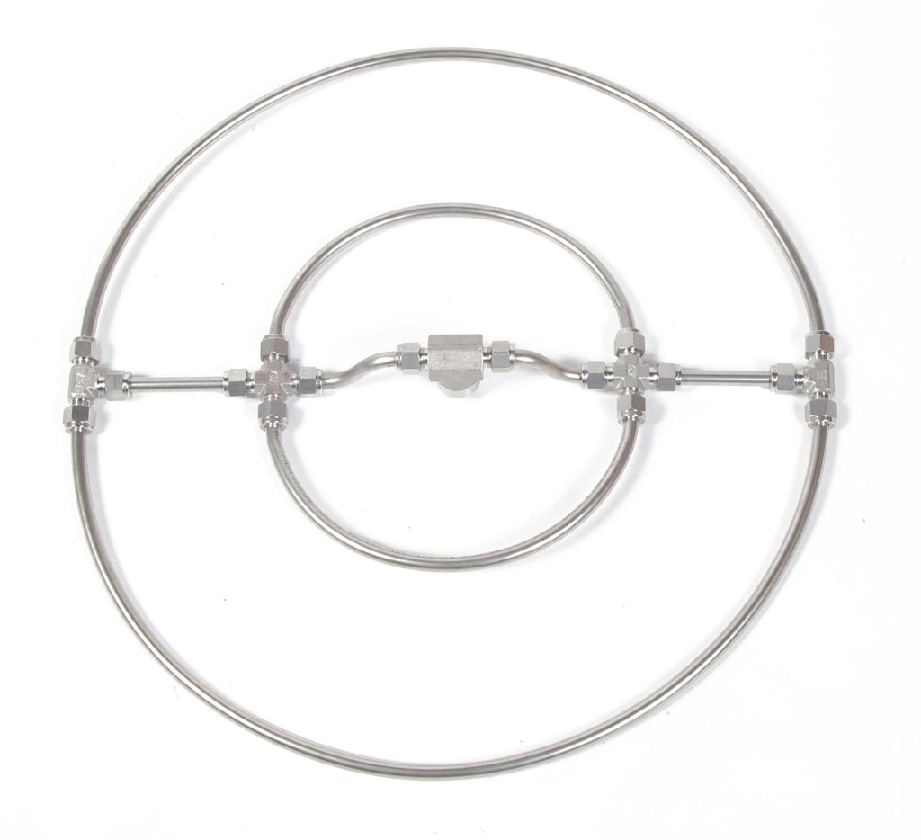 Round submersible gas manifold with twin stainless tubing rings and valve fittings
