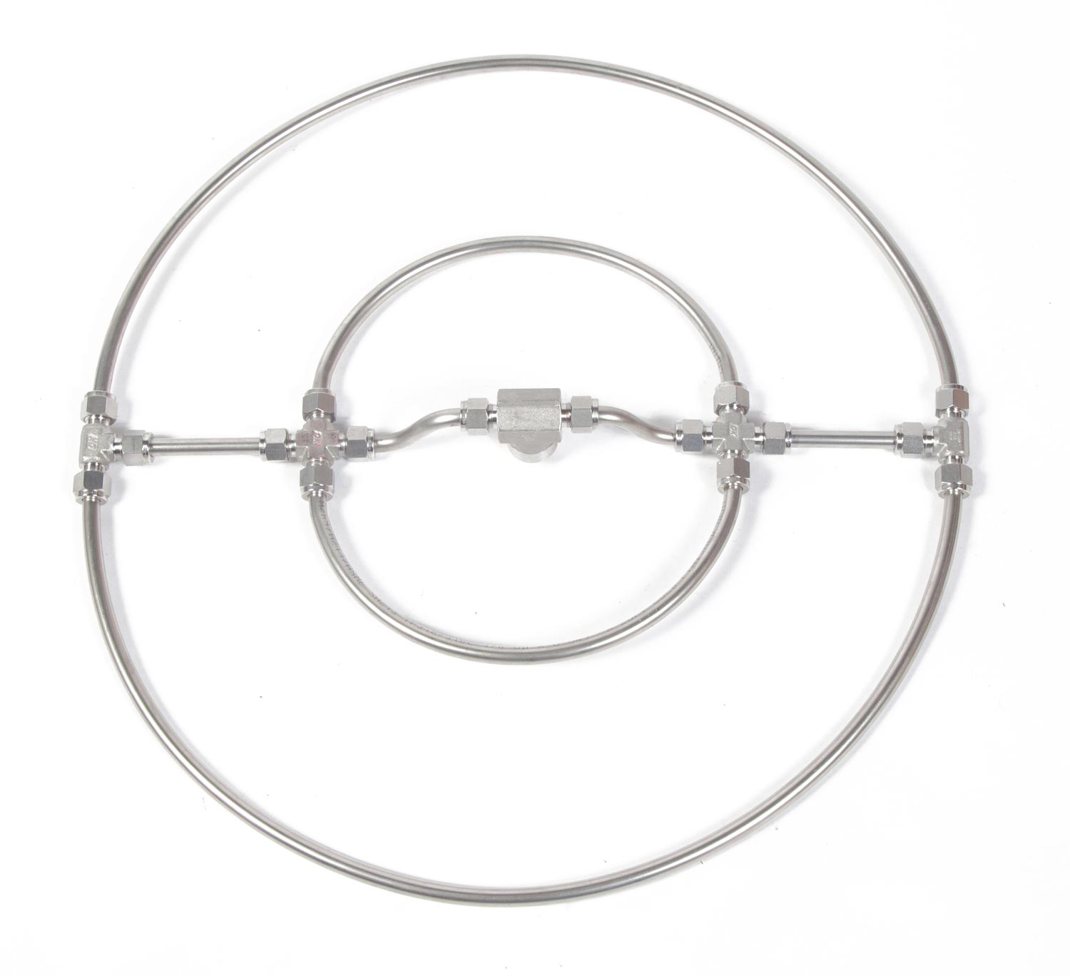 Round submersible gas manifold with twin stainless tubing rings and valve fittings