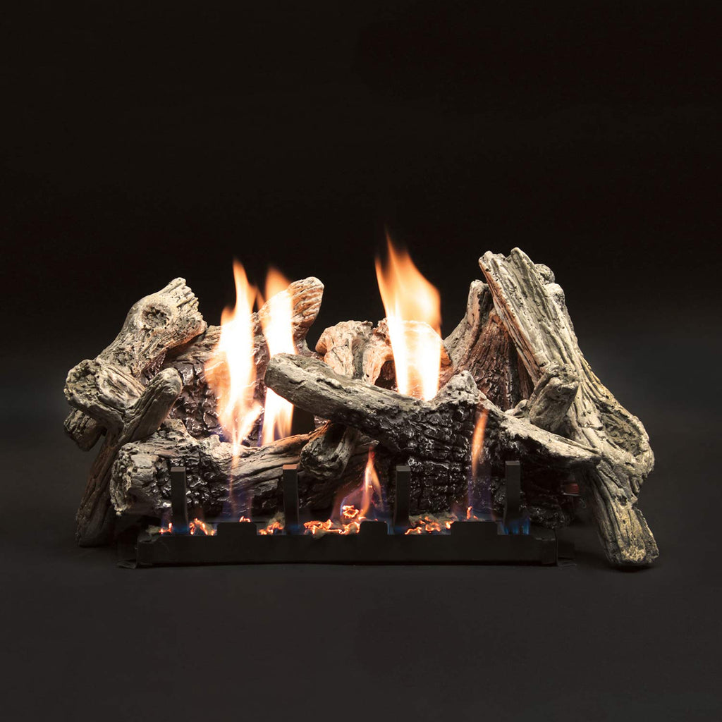 Vented fireplace log set with beige-gray logs and flames rising above black grate
