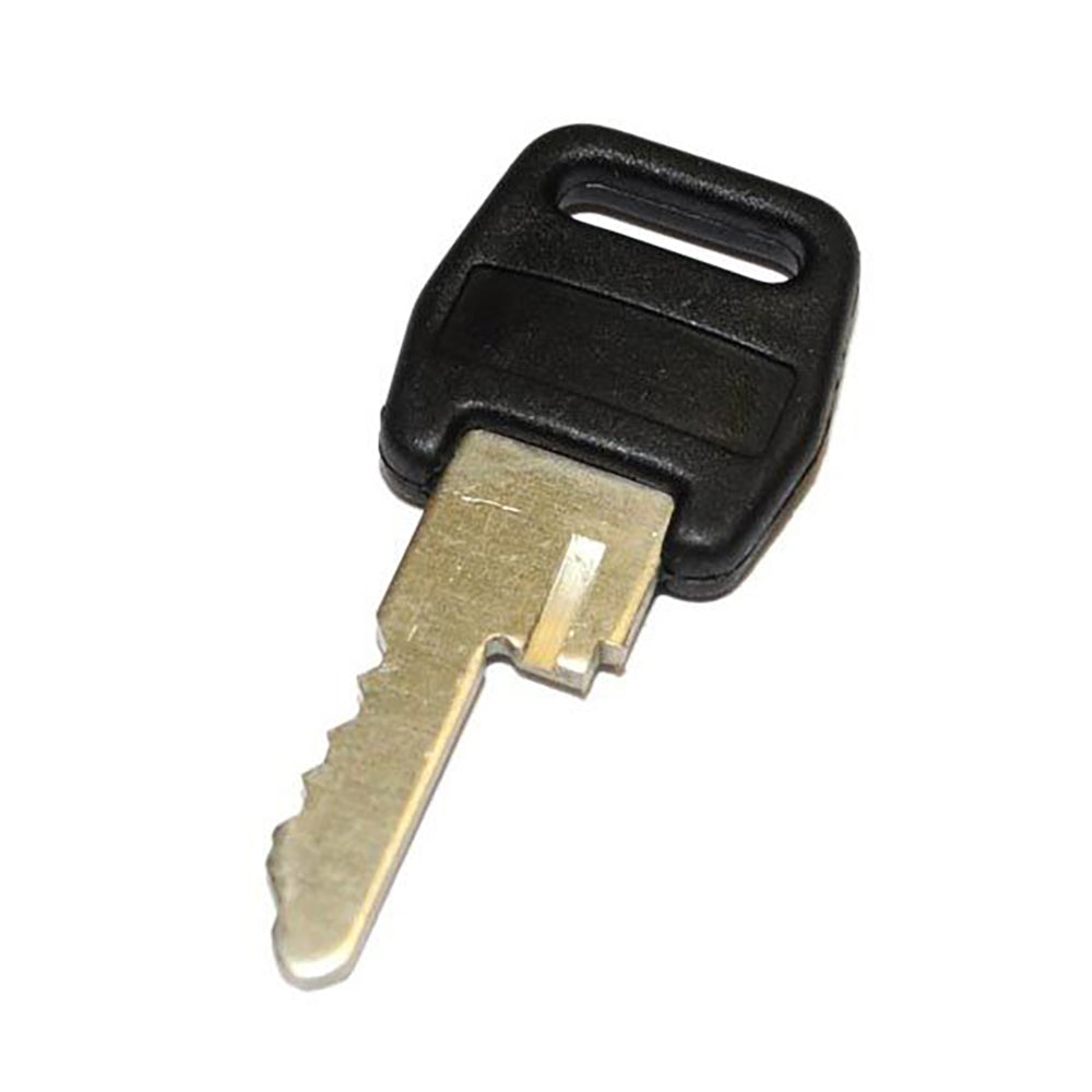 Emergency stop replacement key with black plastic head and brass metal blade