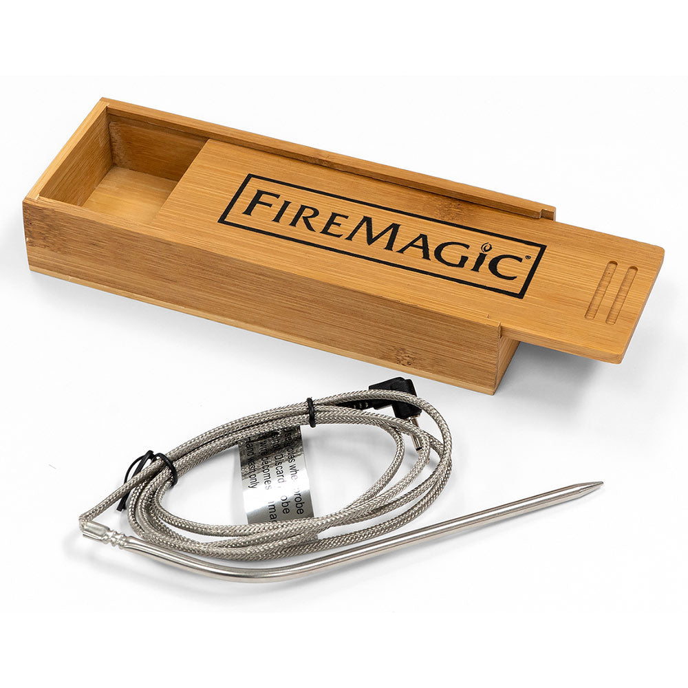 FireMagic wooden accessory case with tongs and coiled stainless tool cable