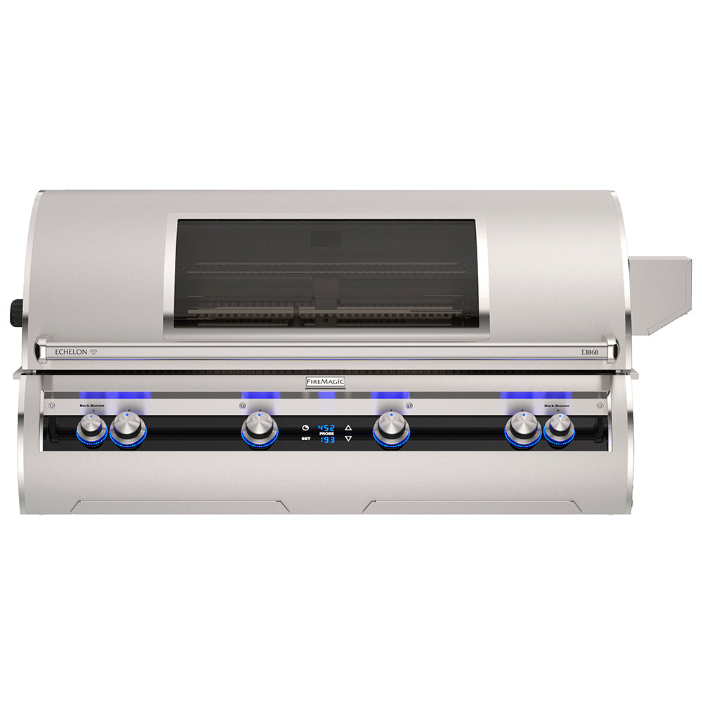 Built-in gas grill with stainless lid window, burner row, and blue-lit control panel