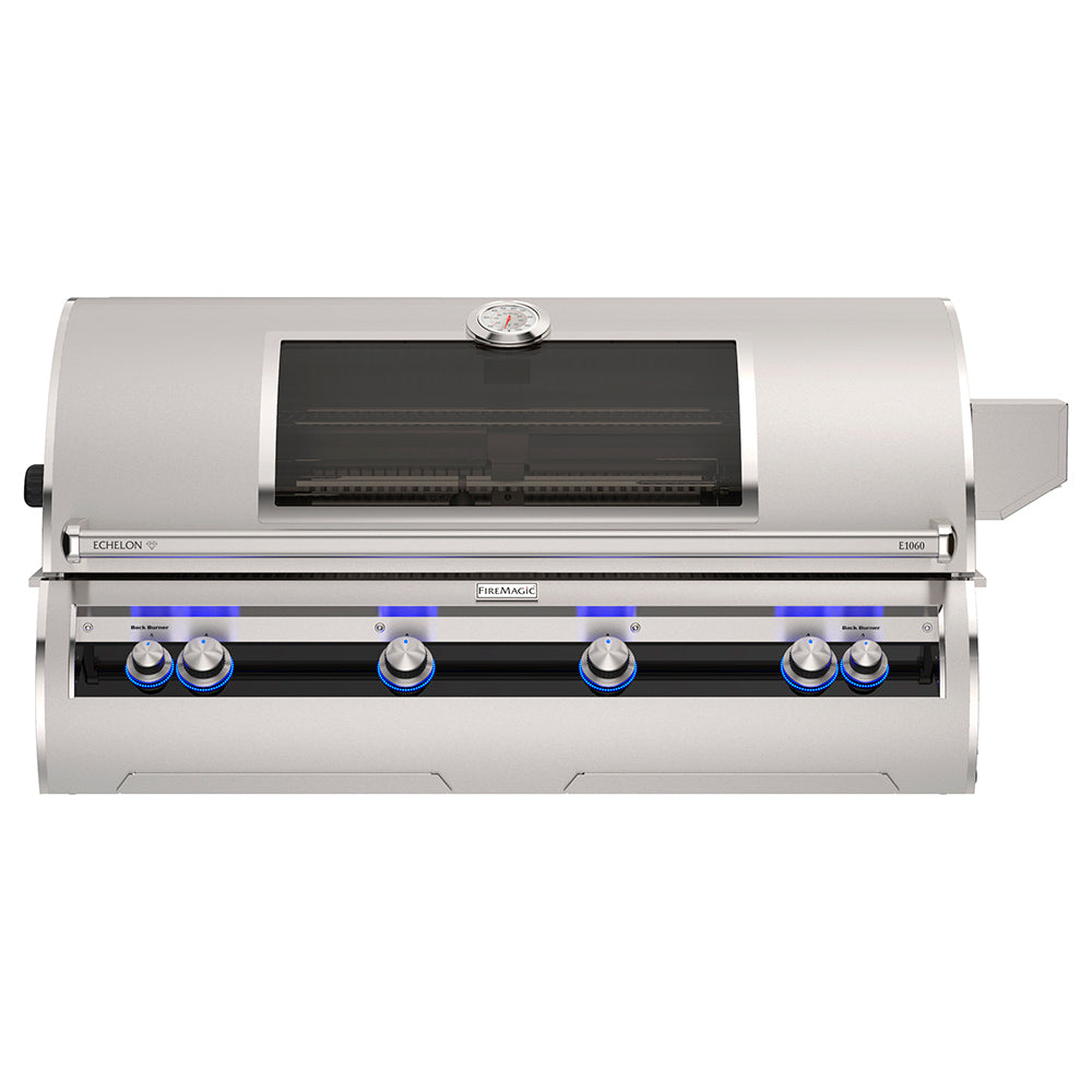 Built-in gas grill with open hood, interior viewing window, and blue control knobs