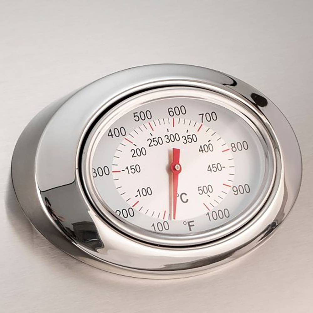 Round grill thermometer dial showing temperature in °C and °F