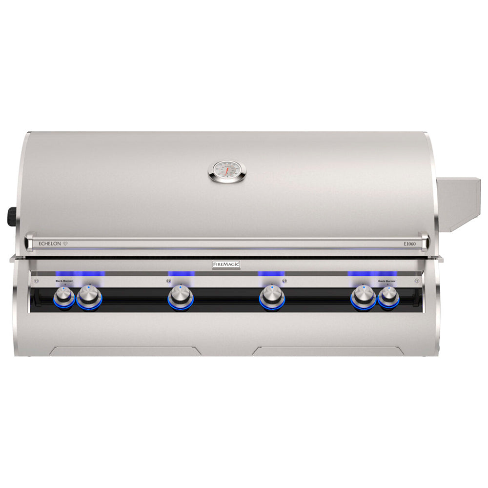 Built-in gas grill with stainless hood, centered thermometer, and control knobs