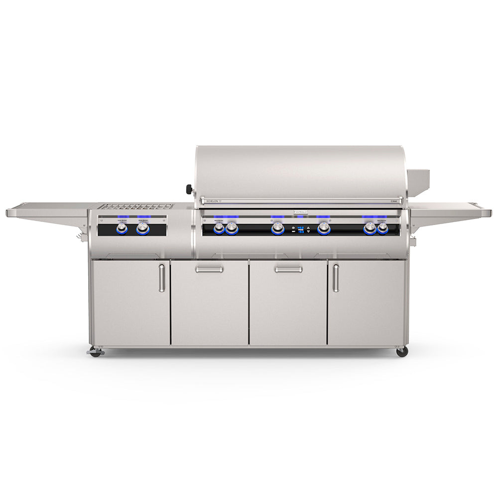 Freestanding stainless gas grill with side shelves and blue-lit control panel