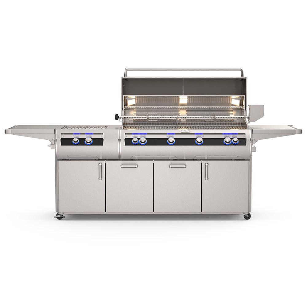 Freestanding gas grill with open lid, cooking grates, and visible burner assembly