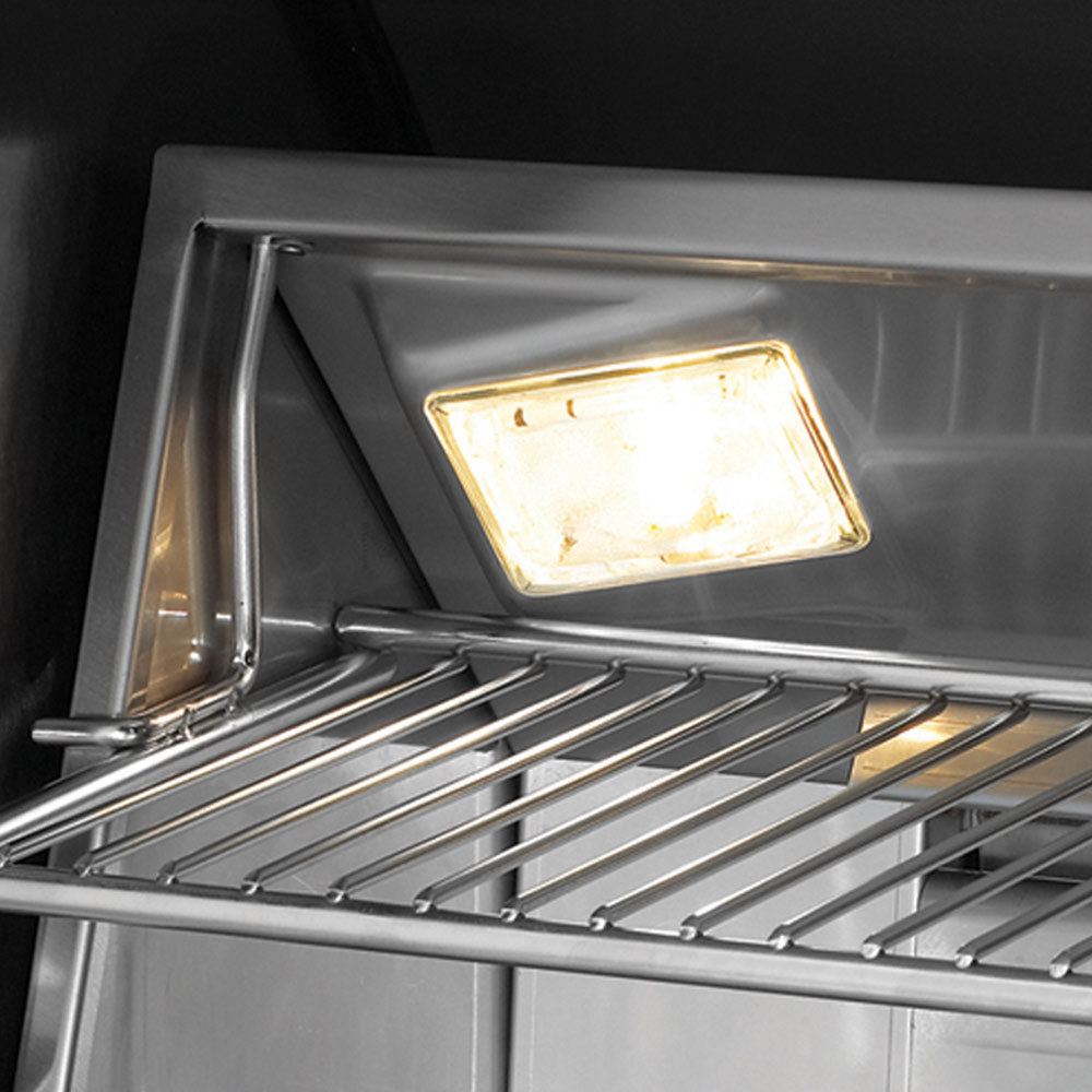 Open gas grill with illuminated burner compartment and stainless cooking grates