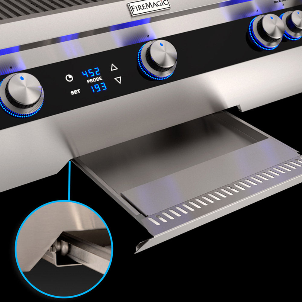 Gas grill front control panel with blue LED light strip and temperature probe display