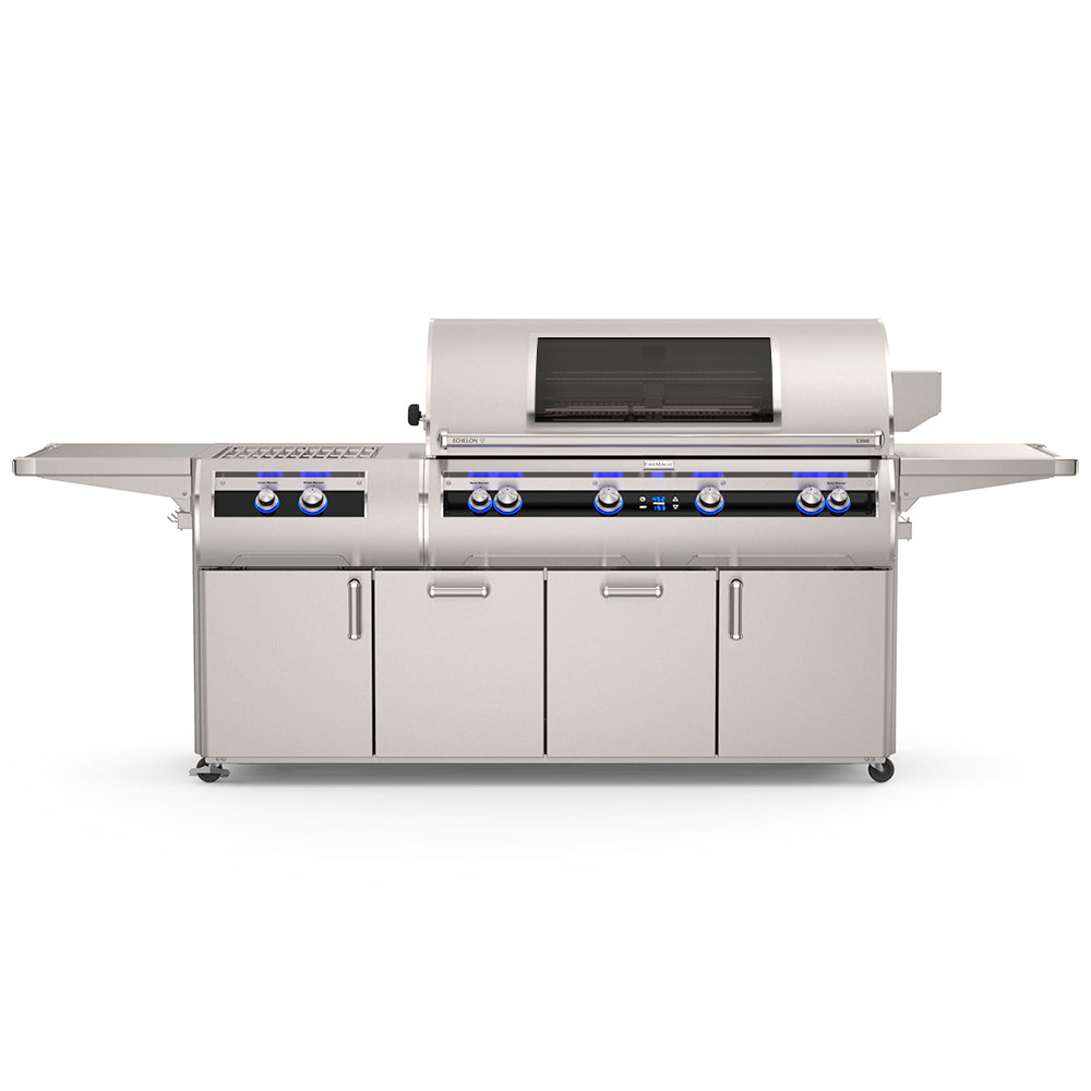 Freestanding gas grill with stainless steel lid, side shelves, and control knobs