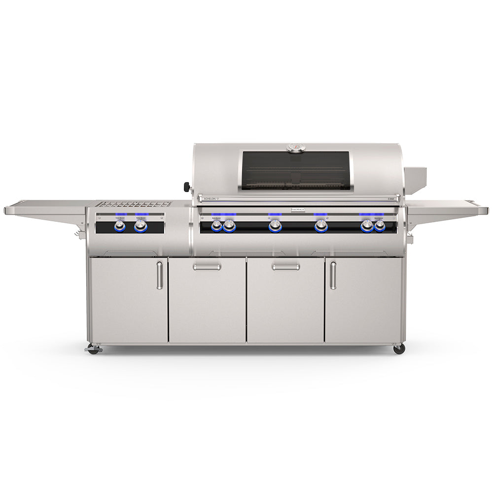 Freestanding gas grill with stainless steel lid, side shelf, and blue-lit burner knobs
